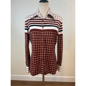 Vtg 70s Tarni Button Up Top Womens L Brown Nylon Grid Stripe Blouse Disco Retro